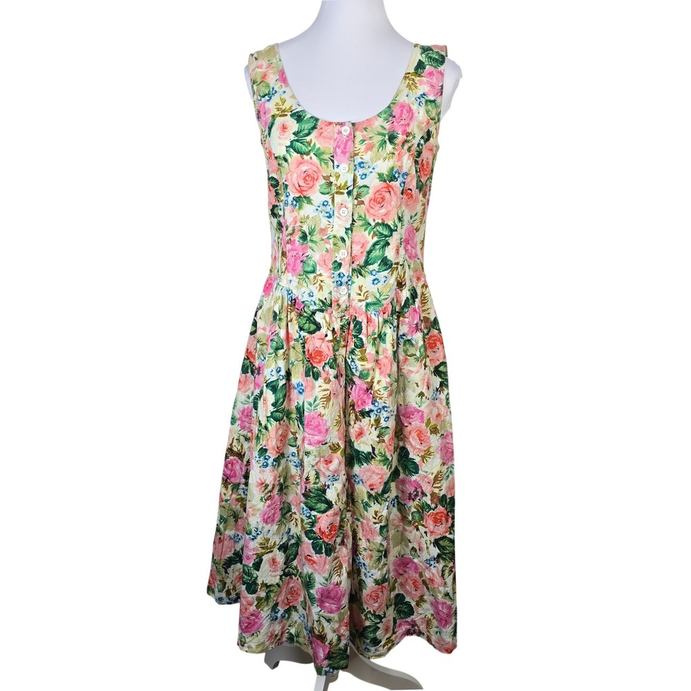 Starina Vintage 90s Floral Cotton Button Front Midi Dress Pink Rose Bow M